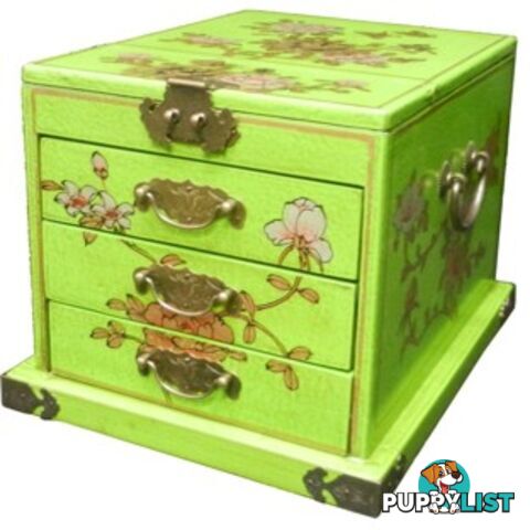 Green Chinese Jewellery Box with Stand-Up Mirror - Flower