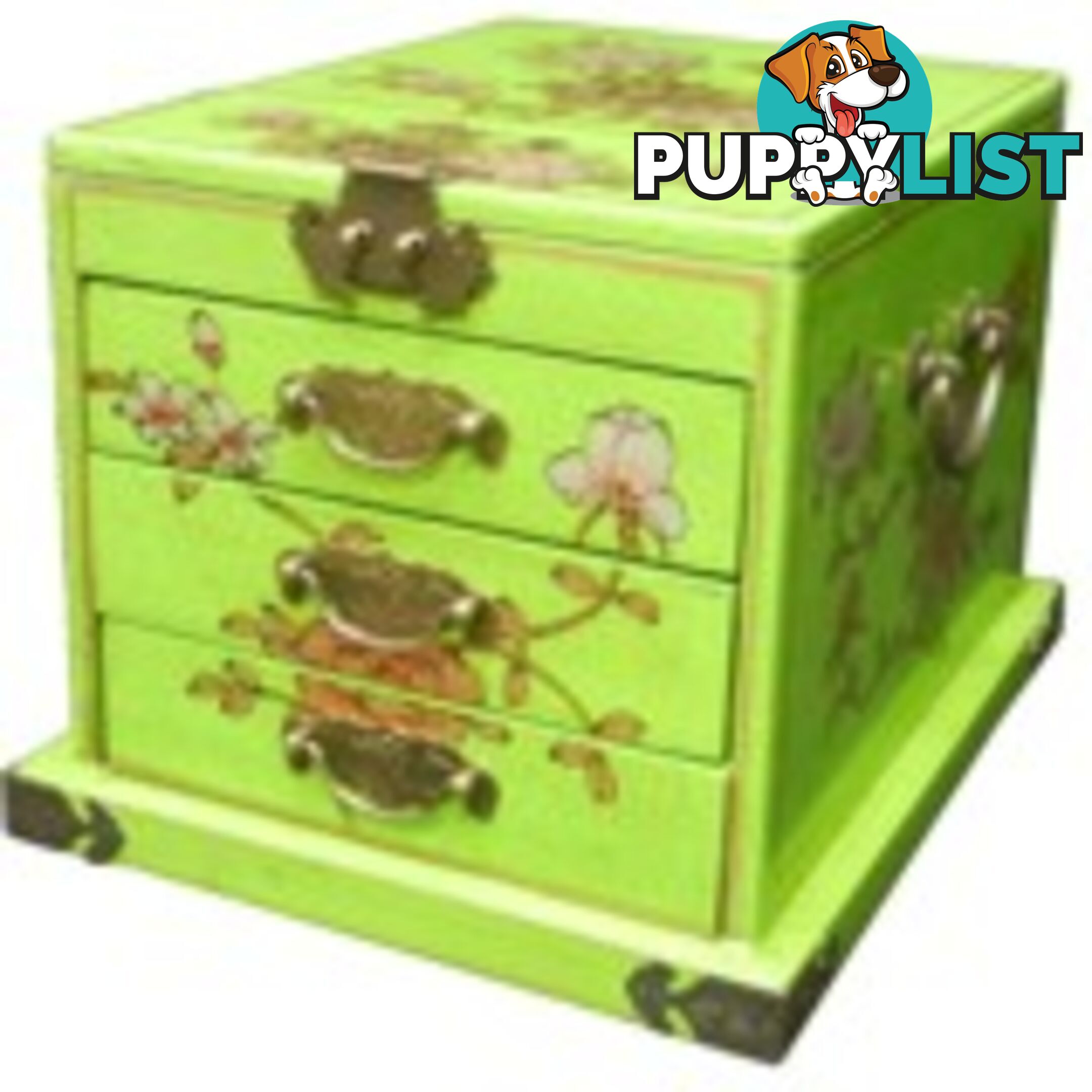 Green Chinese Jewellery Box with Stand-Up Mirror - Flower