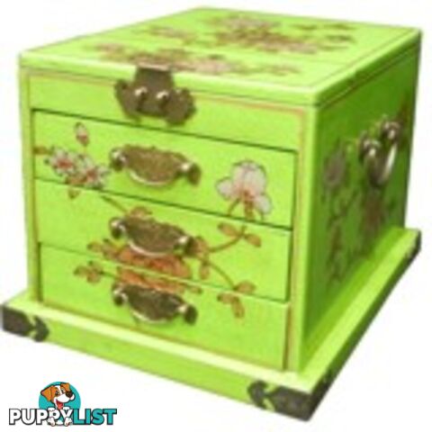 Green Chinese Jewellery Box with Stand-Up Mirror - Flower