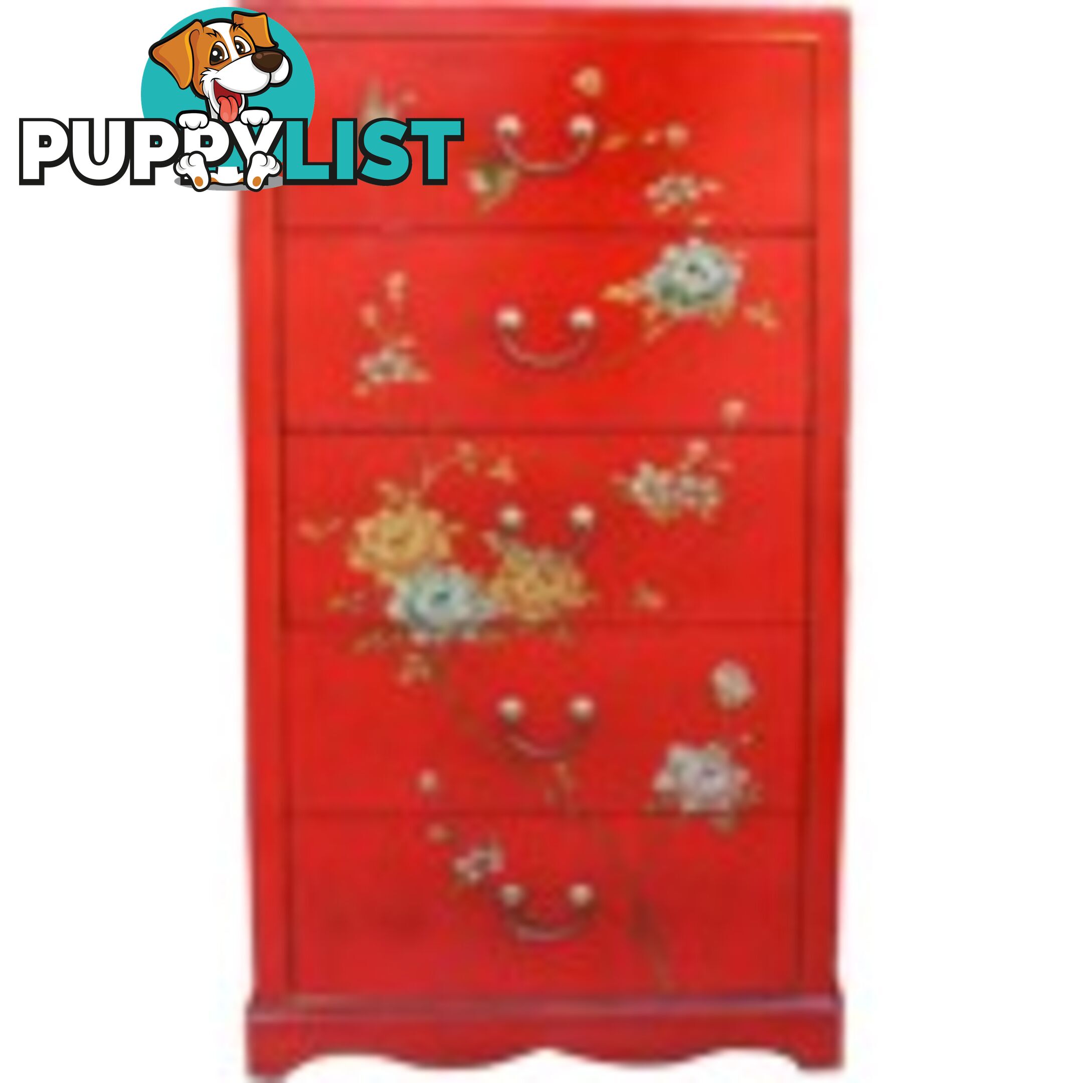 Tall Boy Red Painted Chinese Chest of 5 Drawers