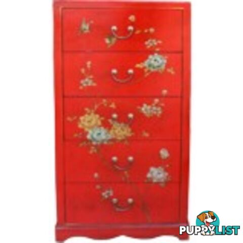 Tall Boy Red Painted Chinese Chest of 5 Drawers