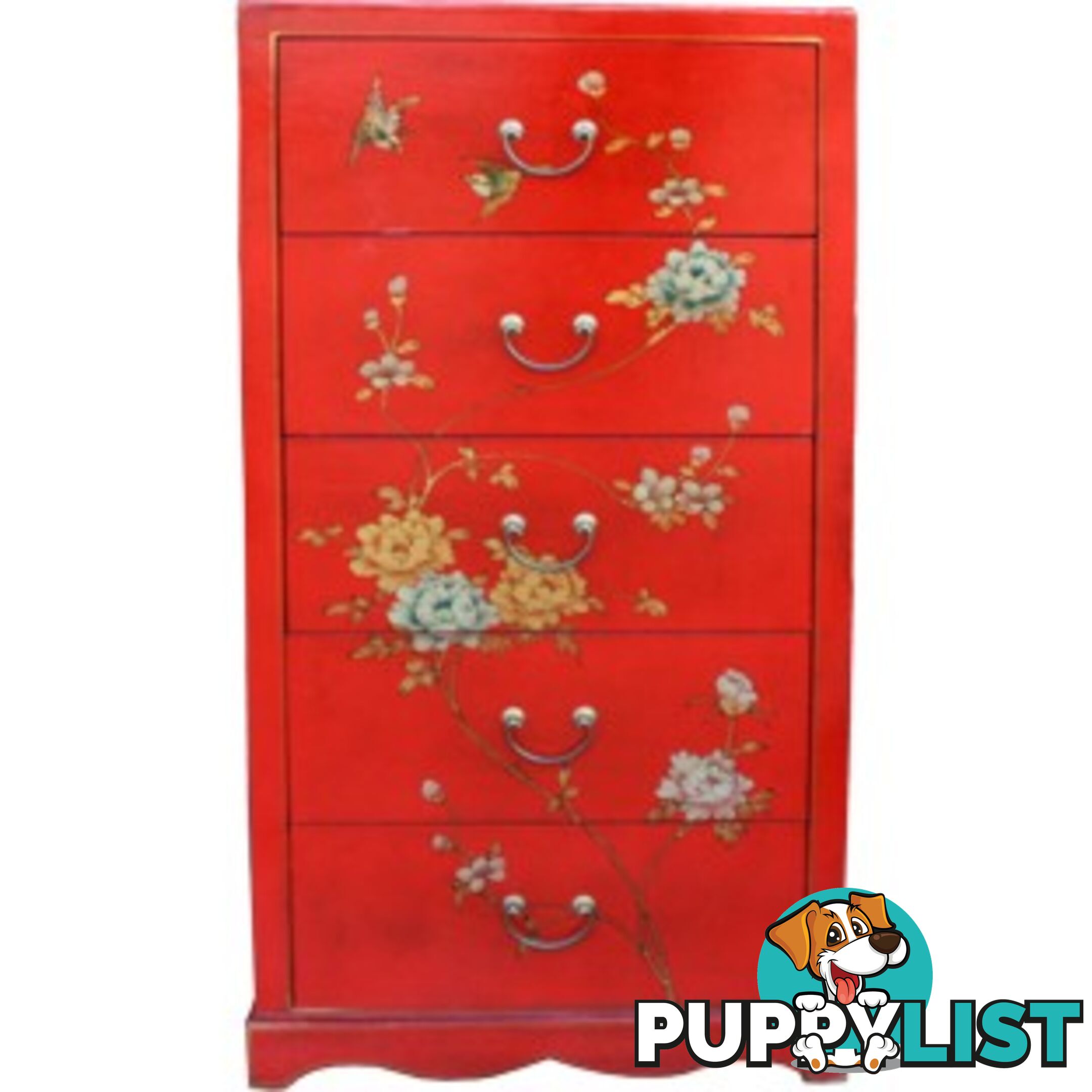 Tall Boy Red Painted Chinese Chest of 5 Drawers