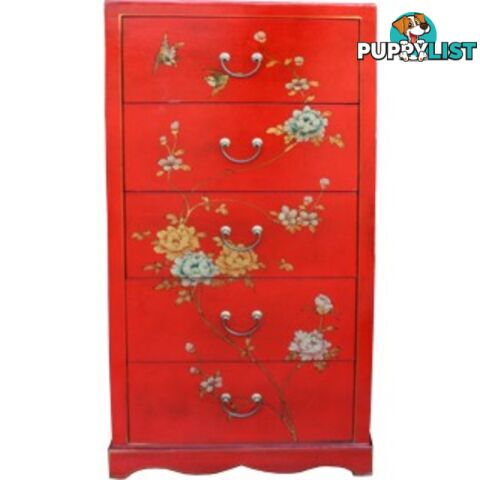 Tall Boy Red Painted Chinese Chest of 5 Drawers