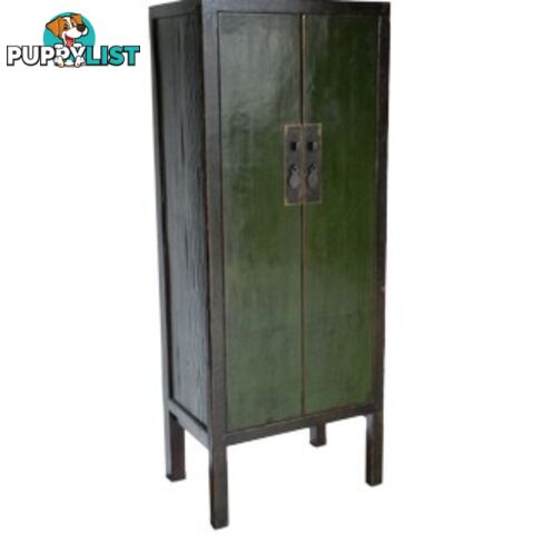 Green Chinese Cabinet with Black Frame Wooden Slim Cabinet