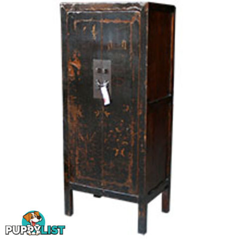 Chinese Antique Original Black Wooden Cabinet Gold Painted Slim