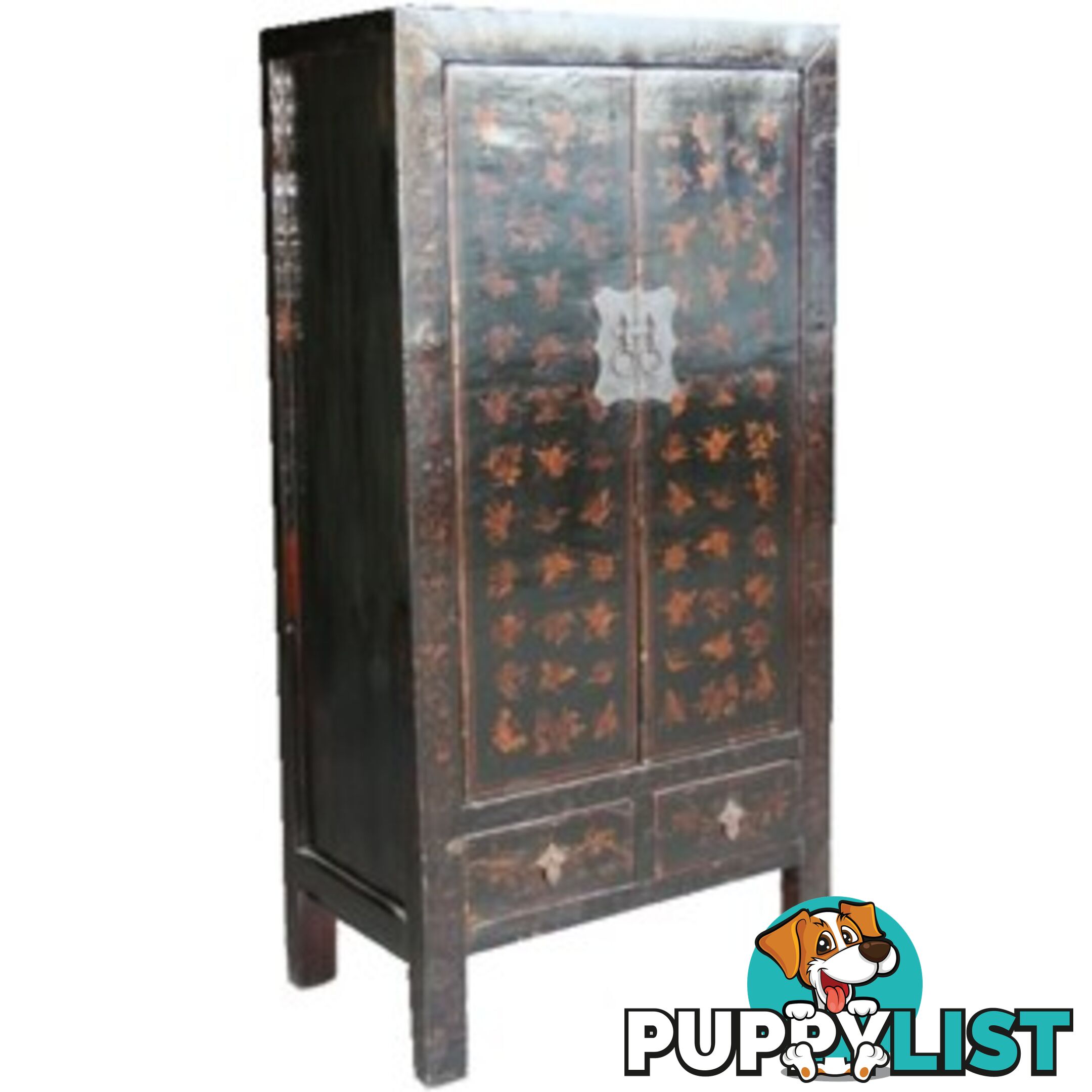 Gold Butterflies Painted Black Chinese Cabinet