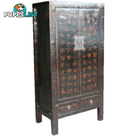 Gold Butterflies Painted Black Chinese Cabinet