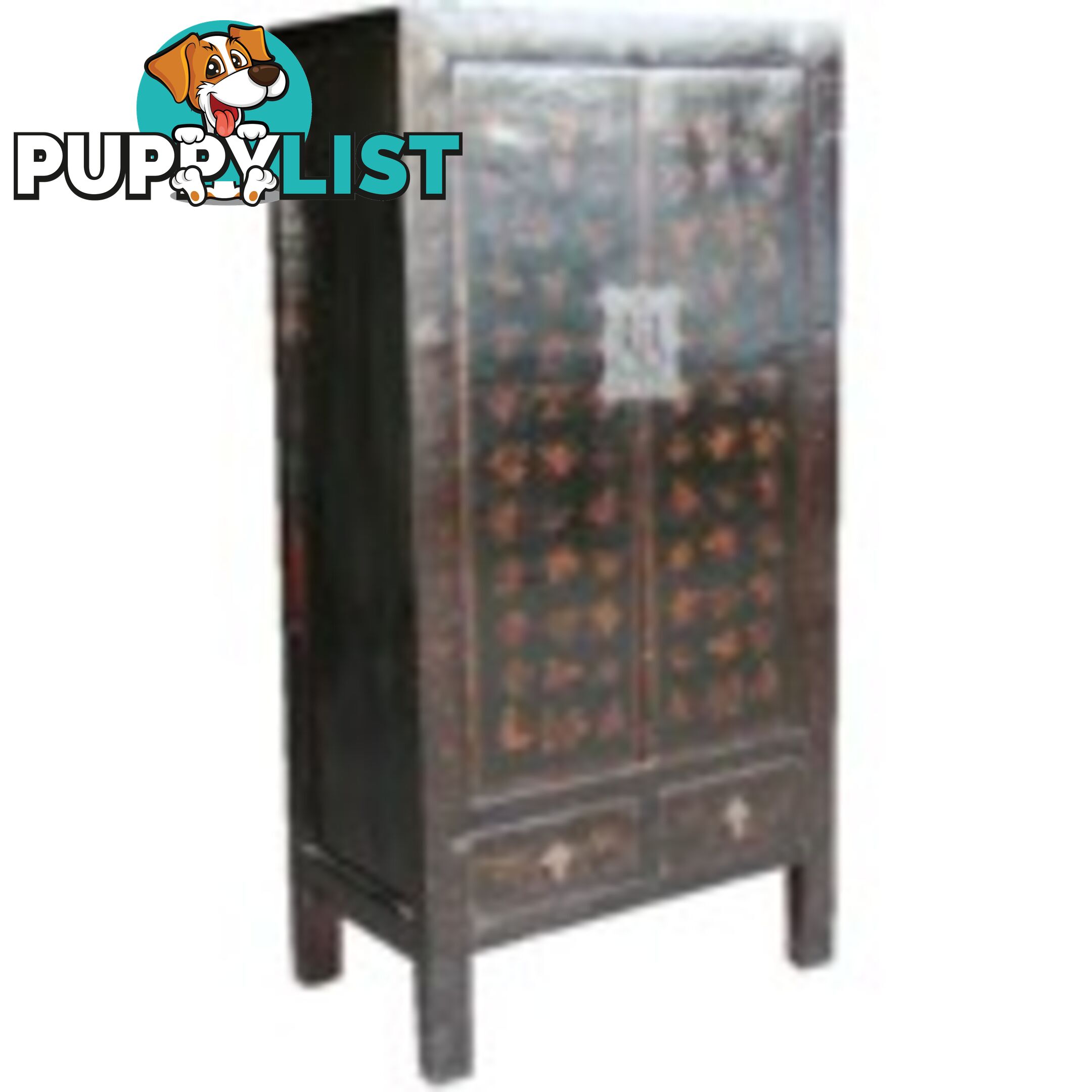 Gold Butterflies Painted Black Chinese Cabinet