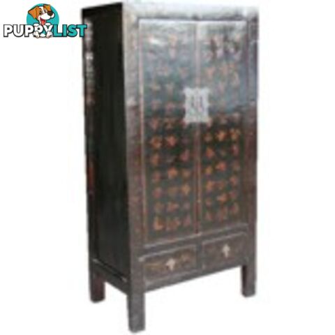 Gold Butterflies Painted Black Chinese Cabinet