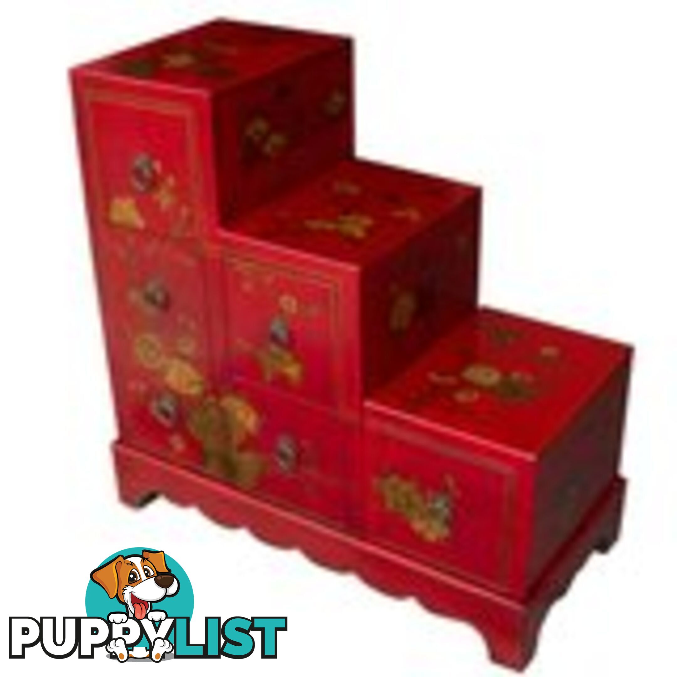 Red Japanese Style 6 Drawer Oriental Painted Step Chest