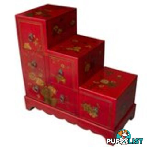 Red Japanese Style 6 Drawer Oriental Painted Step Chest