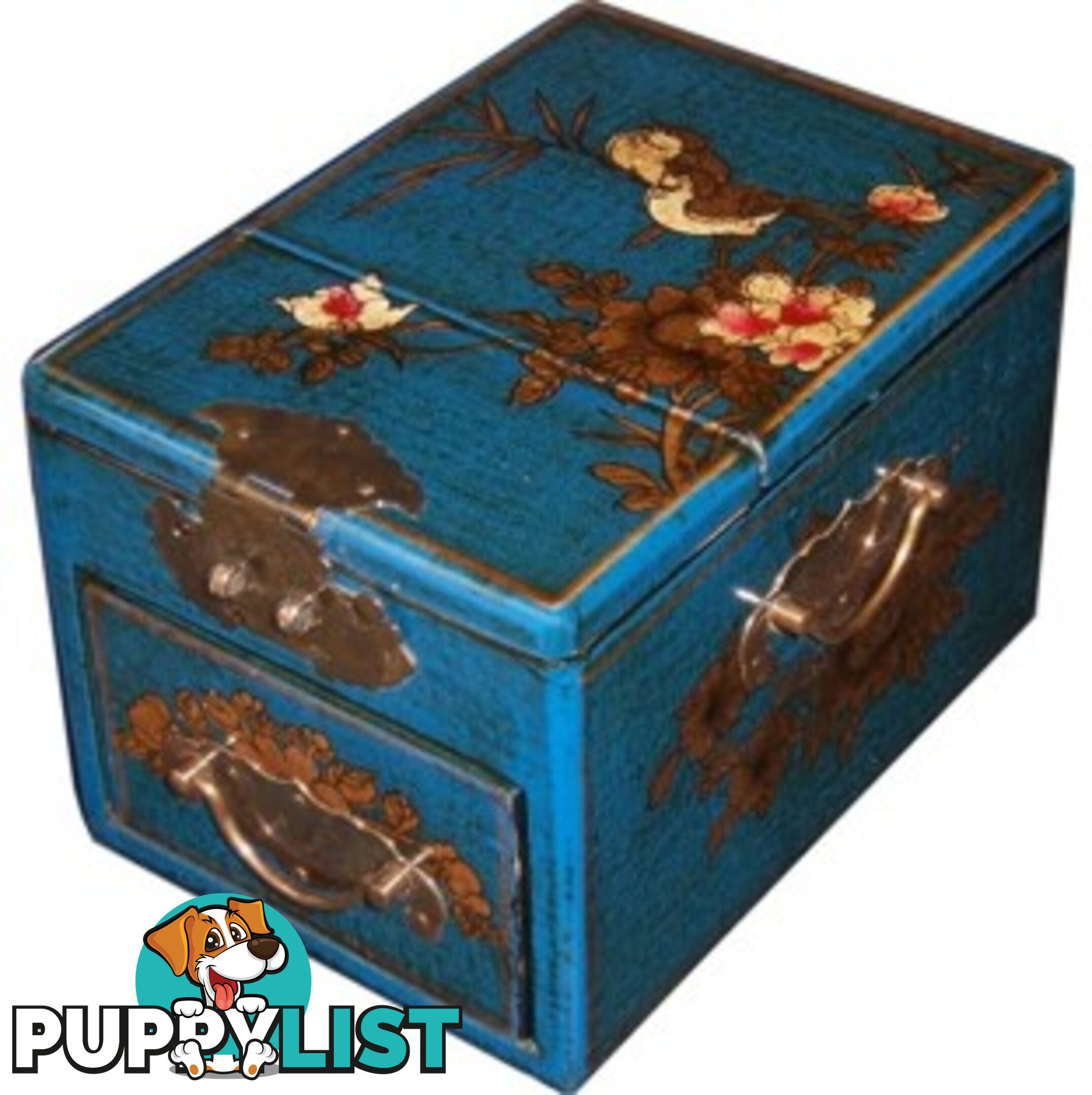 Blue Jewellery Box with Stand-Up Mirror - Bird 1 Drawer