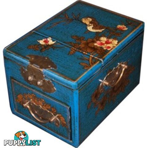 Blue Jewellery Box with Stand-Up Mirror - Bird 1 Drawer