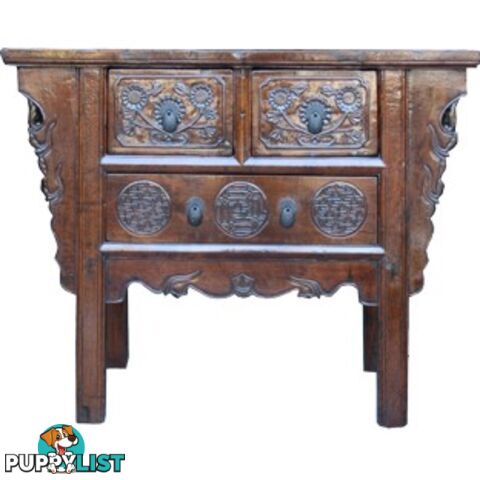 Natural Elm Carved Three-Drawer Chinese Altar Table