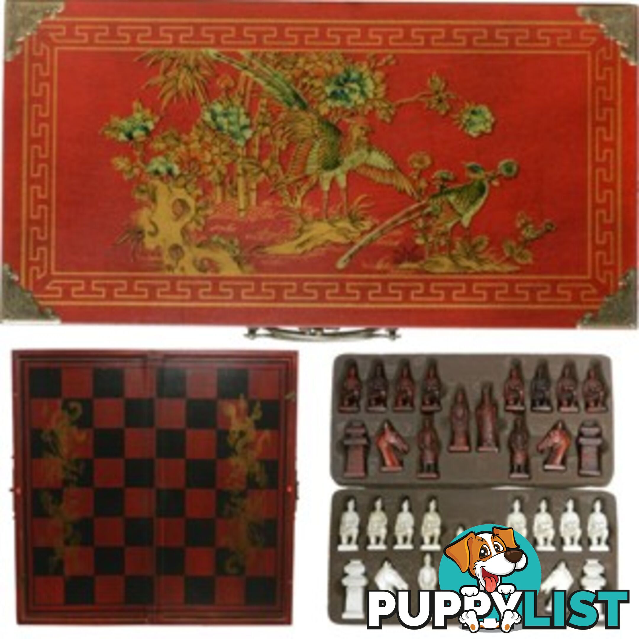 Chess Set in Oriental Style Red Painted Case