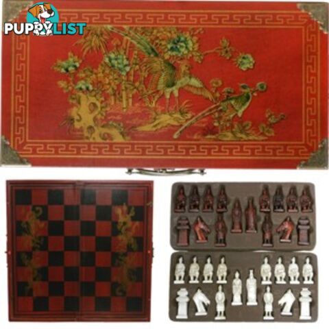 Chess Set in Oriental Style Red Painted Case