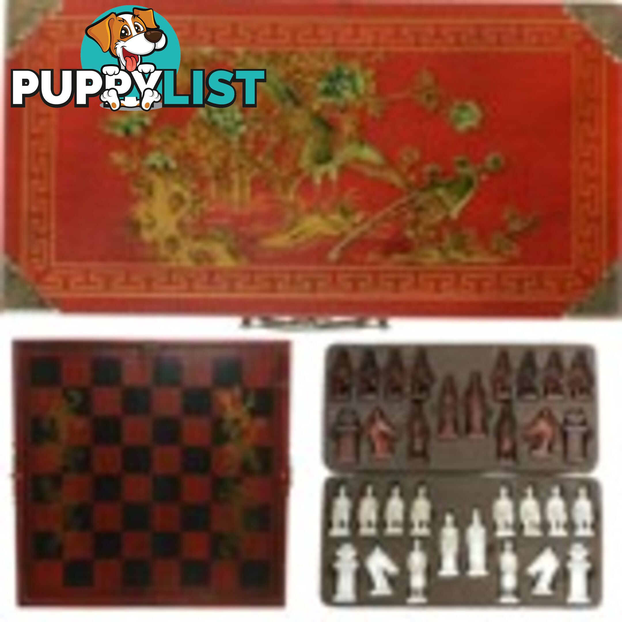 Chess Set in Oriental Style Red Painted Case