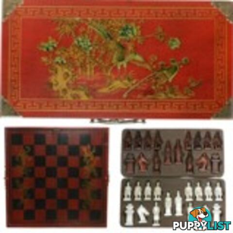 Chess Set in Oriental Style Red Painted Case