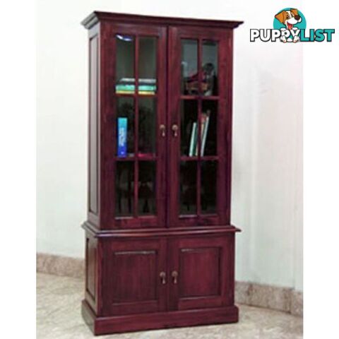 Solid Mahogany Wood Bookcase with Glass Doors and Cupboard