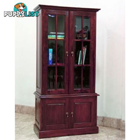 Solid Mahogany Wood Bookcase with Glass Doors and Cupboard