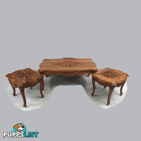 Solid Teak Wood Hand Carved Coffee Table Set Antique Reproduction Louis Style