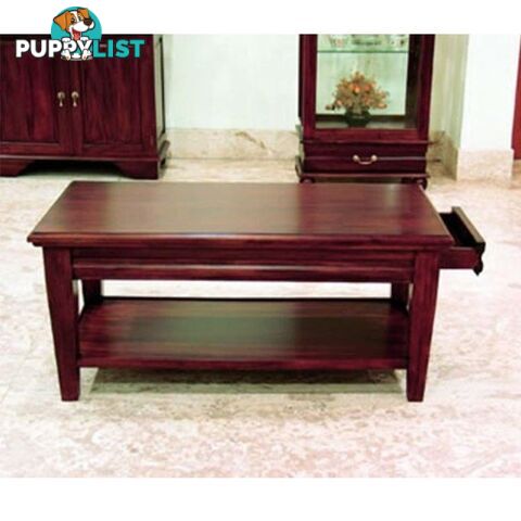 Solid Mahogany Wood Coffee Table with Drawer & Shelf