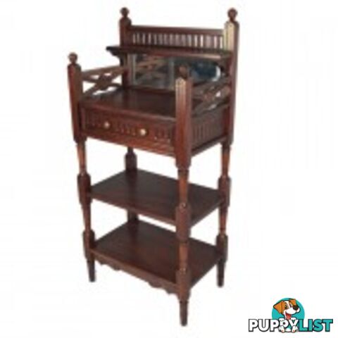 Solid Mahogany Wood Cheveret Side Table with Drawer and Shelf