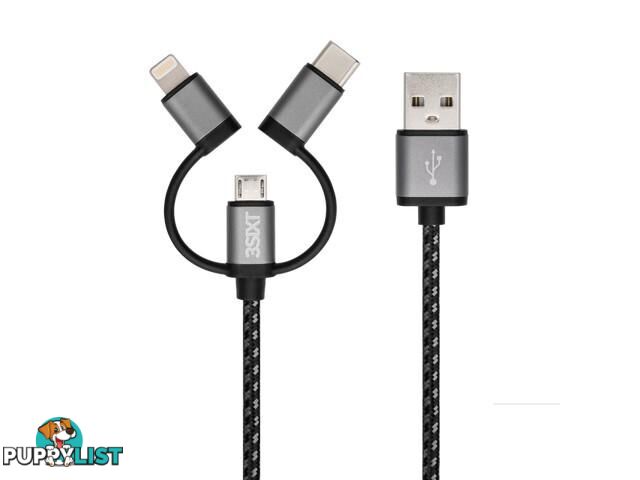 3SIXT  Cable - USB-A to Lightning/MicroUSB/USB-C - 1m - BLACK