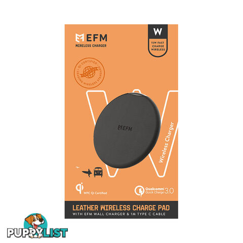 EFM Leather Wireless Charge Pad 15W Qi WPC Certified with USB Wall Adapter - Black