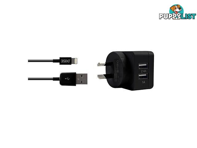 3SIXT Dual USB AC Charger 3.4A - Lightning - Black