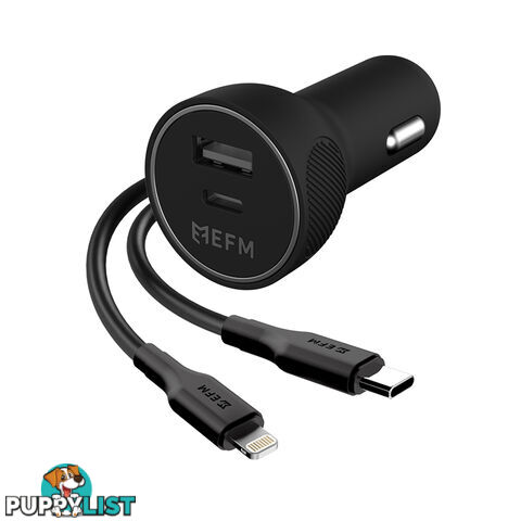 EFM 39W Dual Port Car Charger	With Type C to Apple Lightning Cable - Black