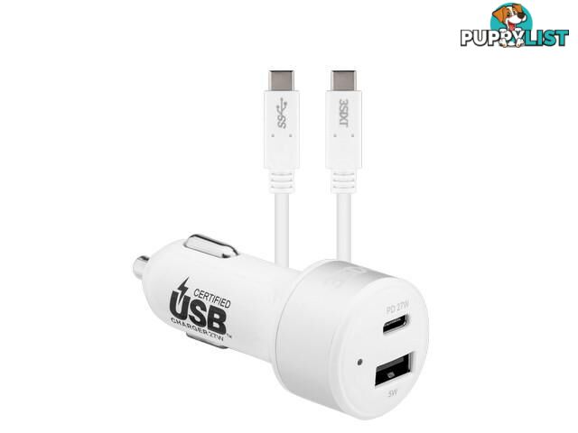 3SIXT Car Charger 27W USB-C PD + USB-C/C Cable 1m - White