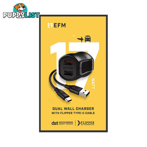 EFM Dual USB Rapid Wall Charger 3.4A With Type C Cable - Black