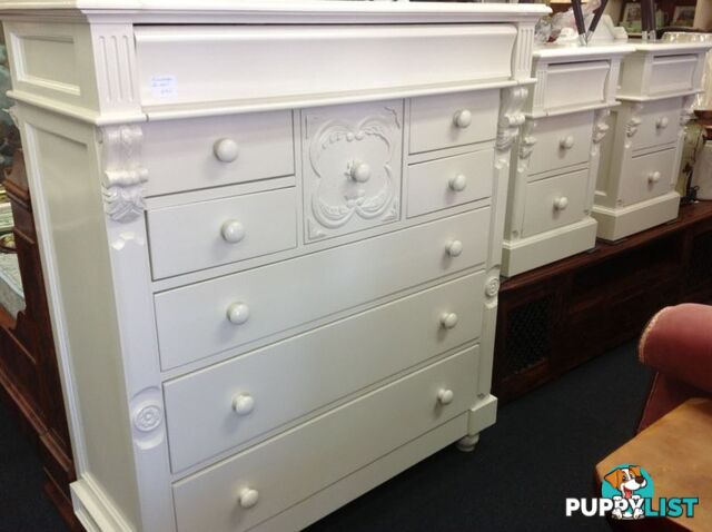 White tall boy dresser, also avail matching sides and queen bed