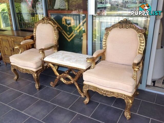 Gold ornate 3 piece armchair and matching stool. Quality reduced