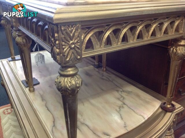 Marble top coffee table and side tables. Gold frames