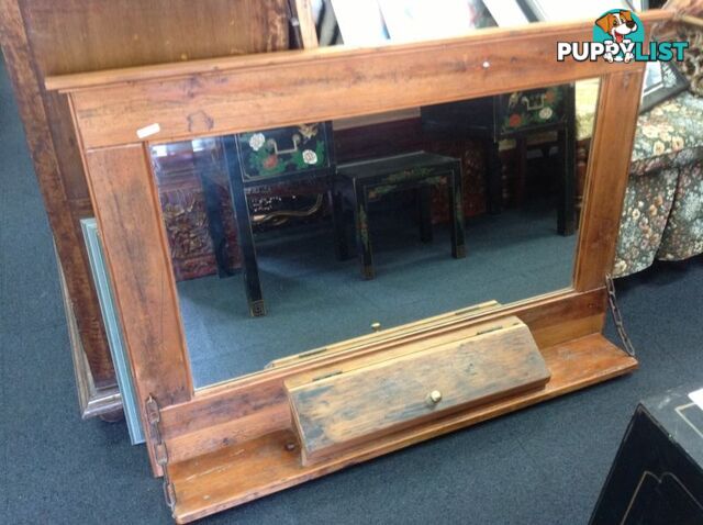 Timber framed mirror with storage and shelf