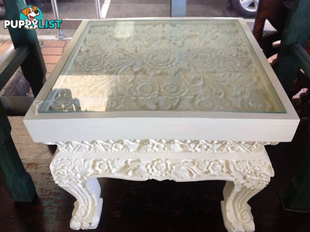 White coffee table side table hand carved hardwood