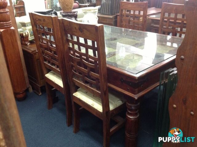 Dining table and 4 chairs. Timber glass and brass copper inserts