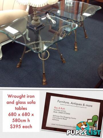 Sofa tables - pretty beveled glass and wrought iron hoof feet