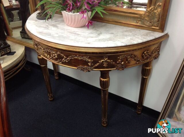 Marble top hall table, 1/2 round, gold ornate timber legs