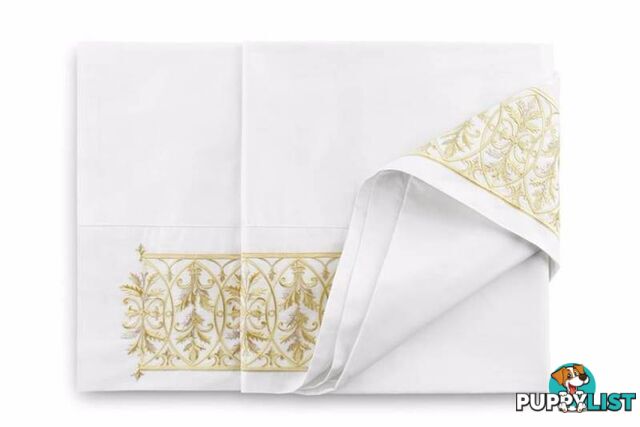 NEW Queen Size Flat Sheet, pewter and gold embroidery, 100% cotto