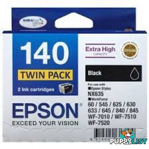 Epson C13T140194 Extra High Capacity TWIN Pack Black ink cartridge [140] - Epson - Epson 140 2PK Black - 0.20kg