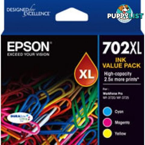 Epson C13T344592 702XL CMY Value Pack High Yield Ink for WorkForce WF-3720 WF-3725 WF3730 - Epson - Epson 702XL V.Pack - 0.00kg