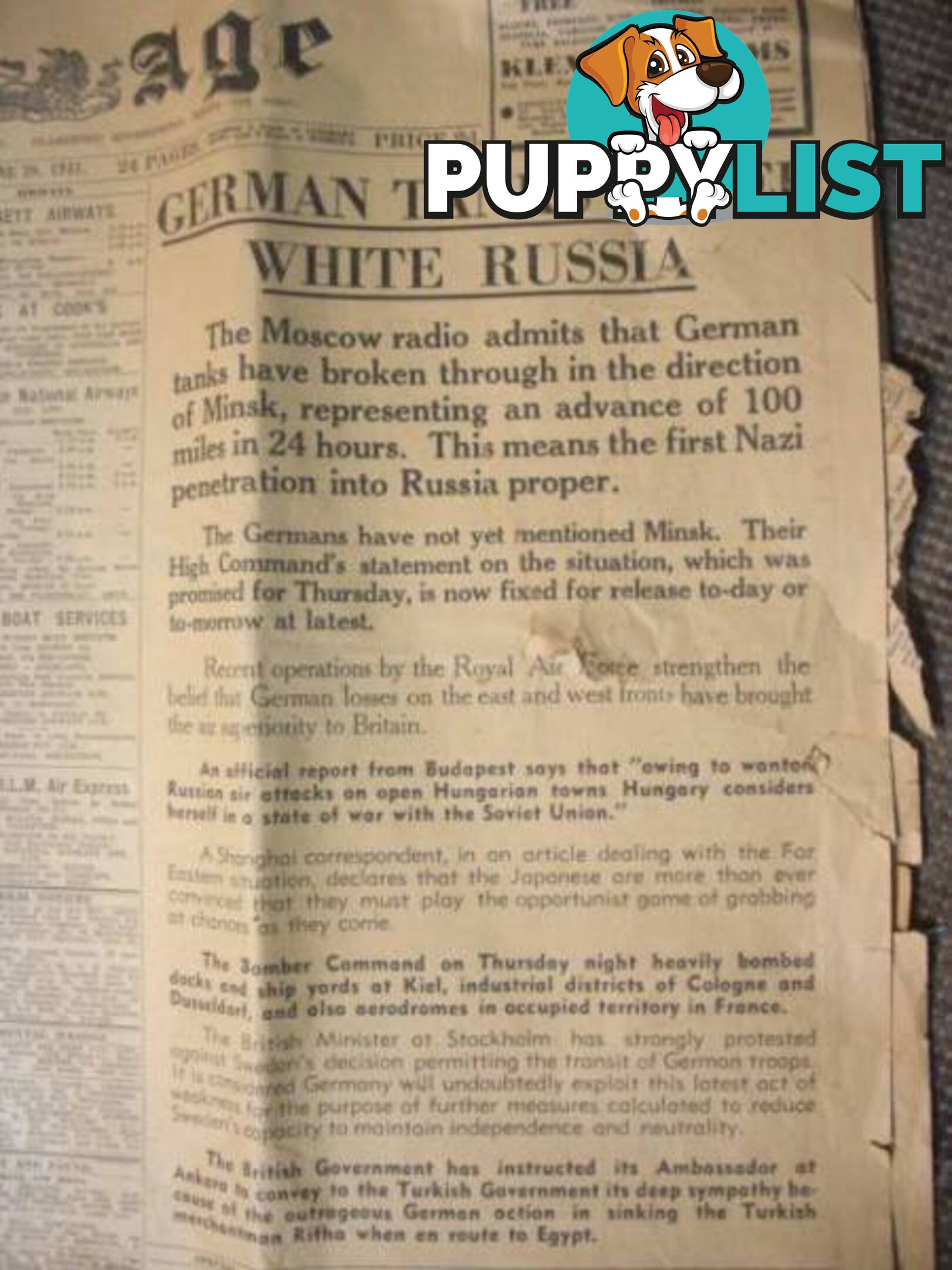 THE AGE 29TH JUNE 1941 GERMAN TANKS ENTER WHITE RUSSIA FRONT PAGE