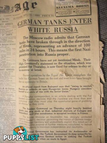 THE AGE 29TH JUNE 1941 GERMAN TANKS ENTER WHITE RUSSIA FRONT PAGE