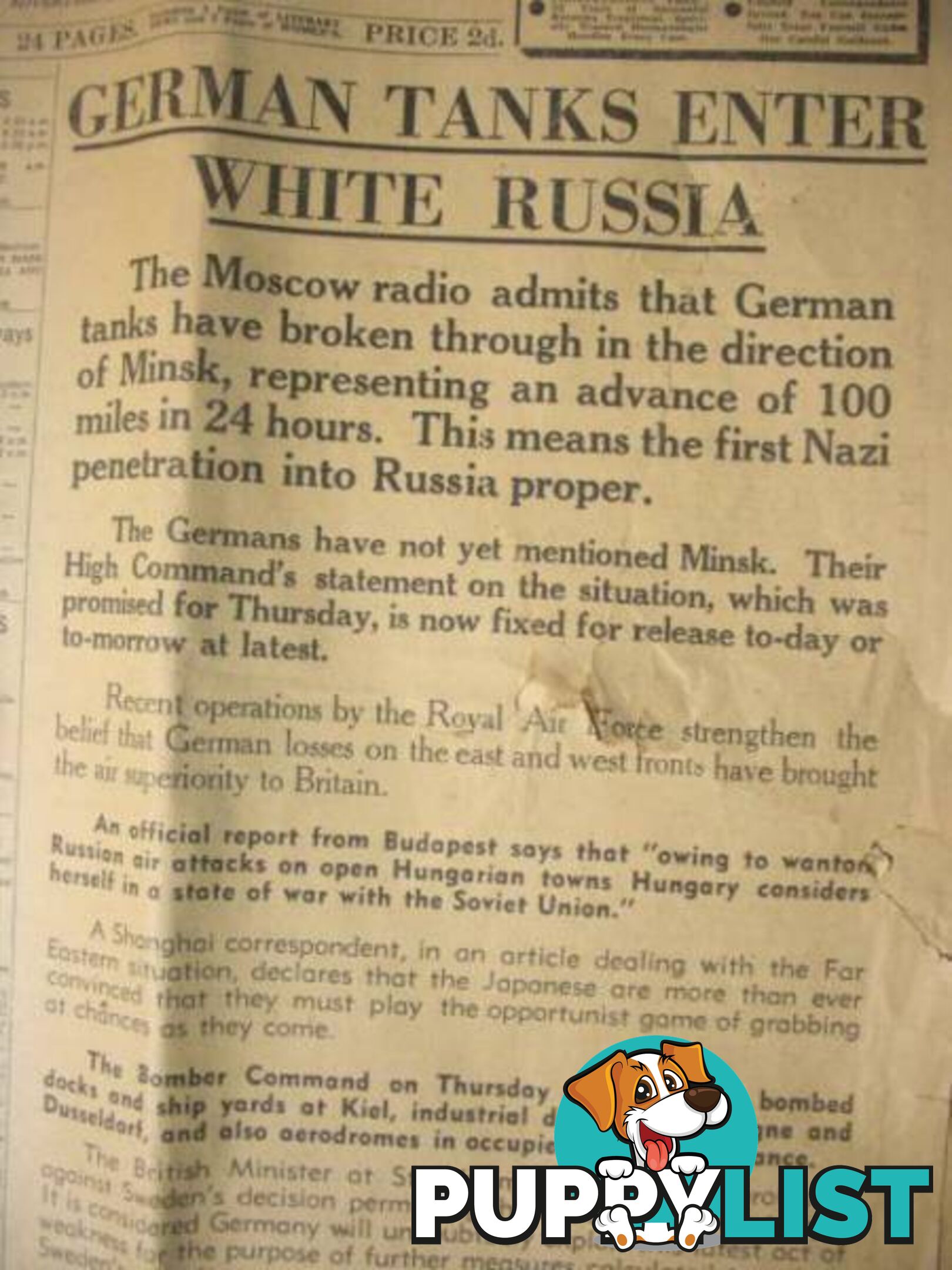 THE AGE 29TH JUNE 1941 GERMAN TANKS ENTER WHITE RUSSIA FRONT PAGE