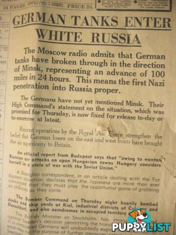 THE AGE 29TH JUNE 1941 GERMAN TANKS ENTER WHITE RUSSIA FRONT PAGE